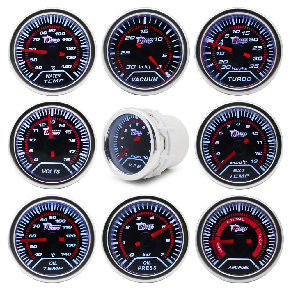 Boost/Water Temp/Oil Temp/Oil Press/Voltage/Tachometer/Air Fuel Ratio/Egt Gauge 52Mm Analog Led White Case+ 52MM Gauge Pods