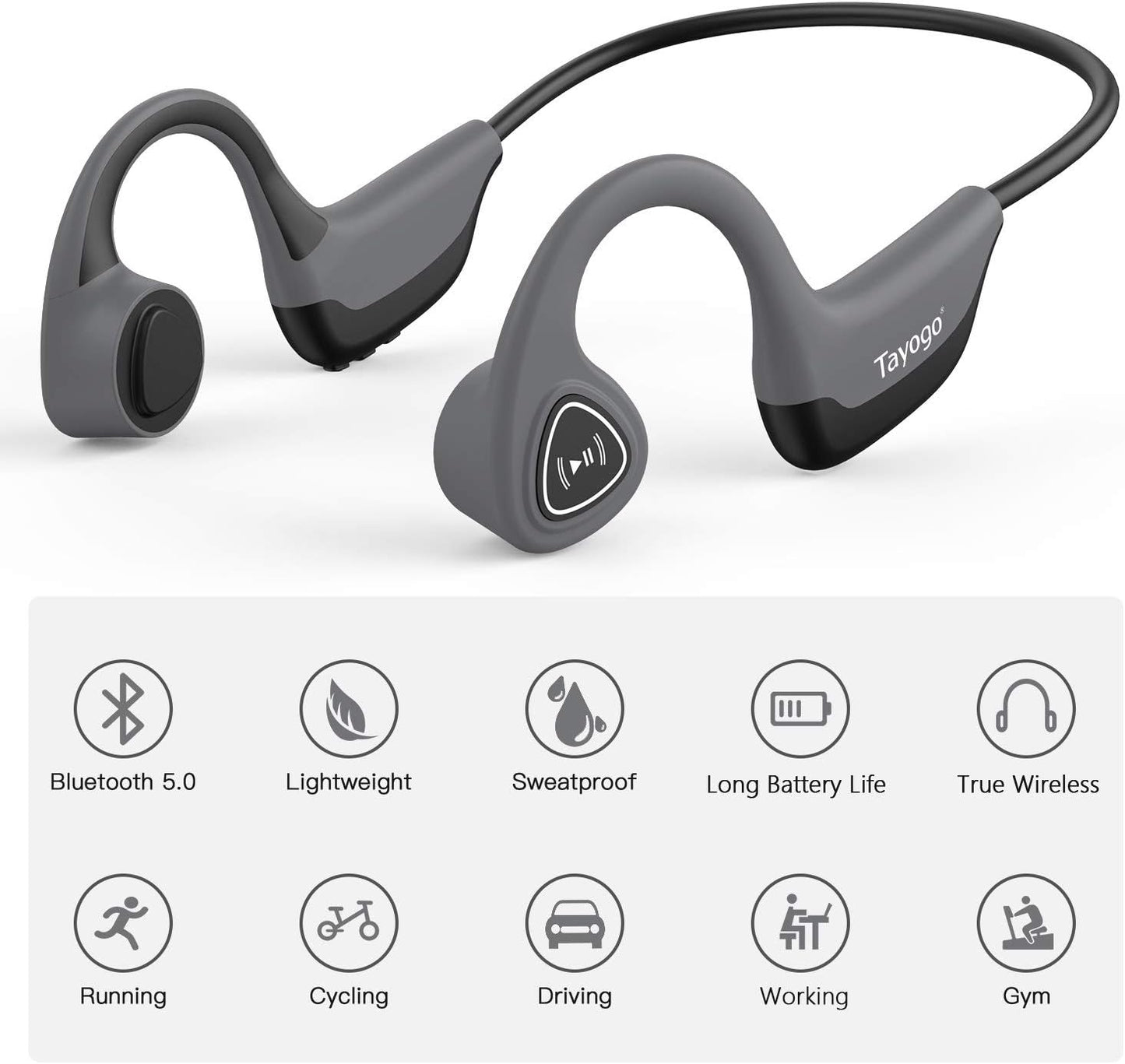 Bone Conduction Headphones, Wireless Bluetooth Bone Conducting Earbuds, Open Ear Headset with Mic, for Running, Cycling, Yoga-Grey (Almost Like-New)